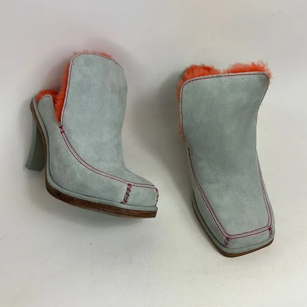 Ugg x Eckhaus Latta blue suede blaze orange shearling lined heeled mules size 6